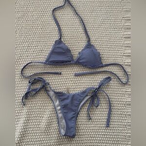 Shein Navy Striped Tie-Side Bikini Top and Bottom Set